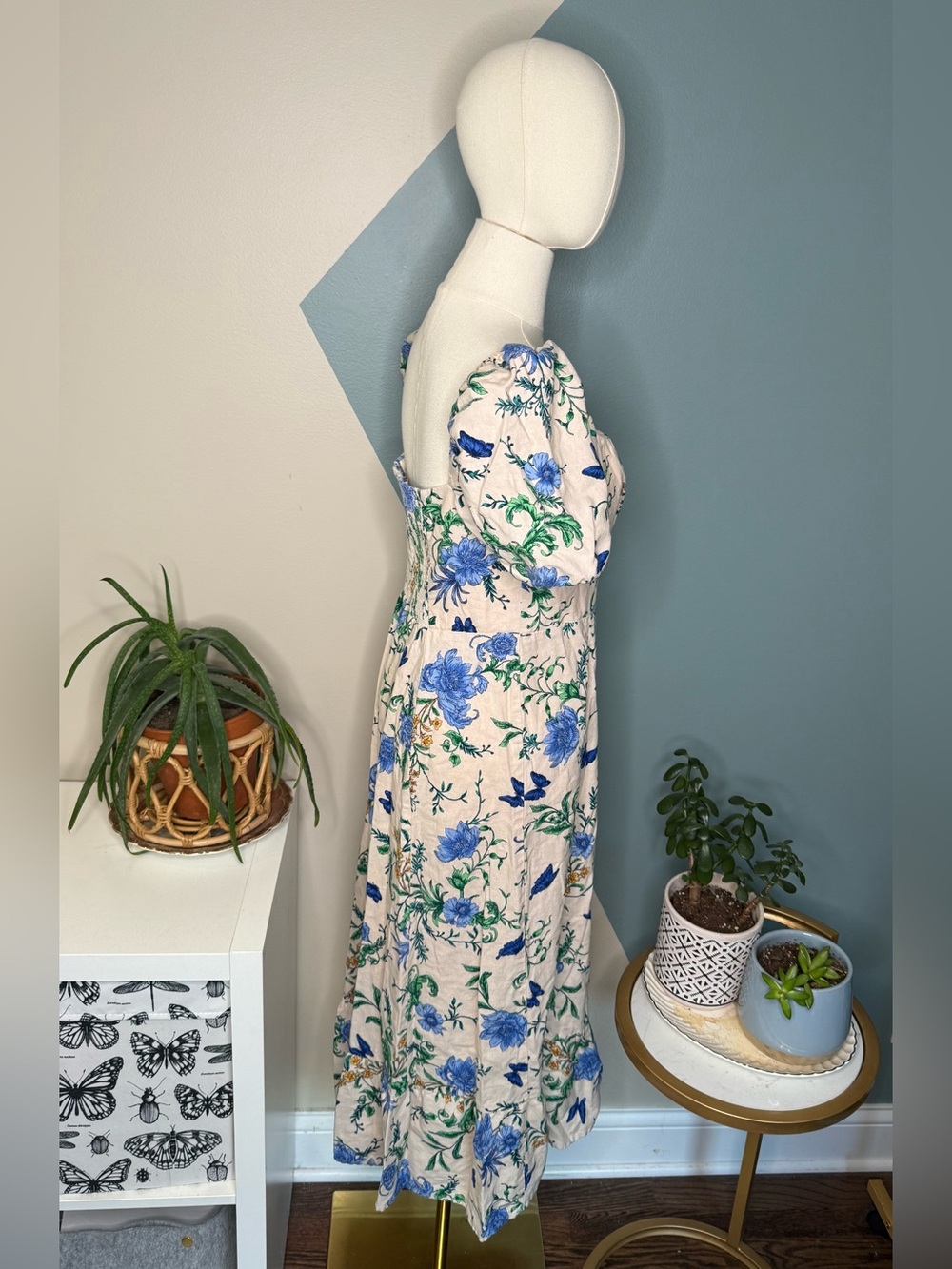 Floral Butterfly Linen Blend Midi Dress Puff Sleeve Autumn Wedding Guest Size 8 - Picture 5 of 11